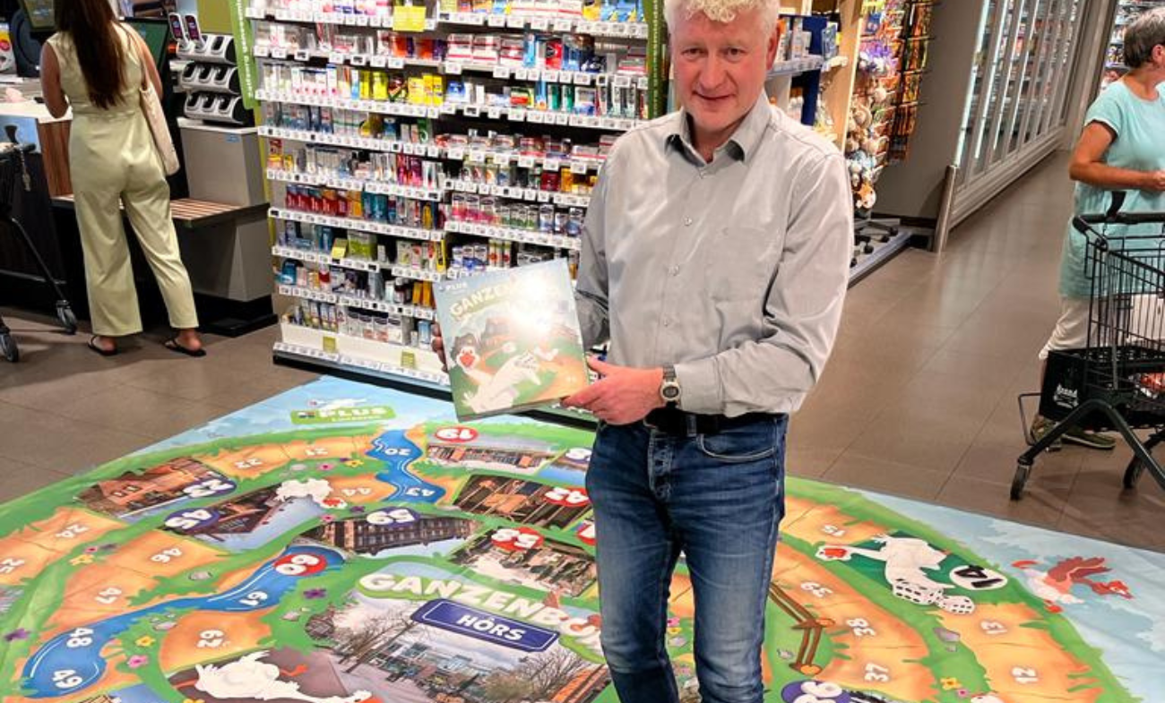 Ganzenbord vloersticker supermarkt